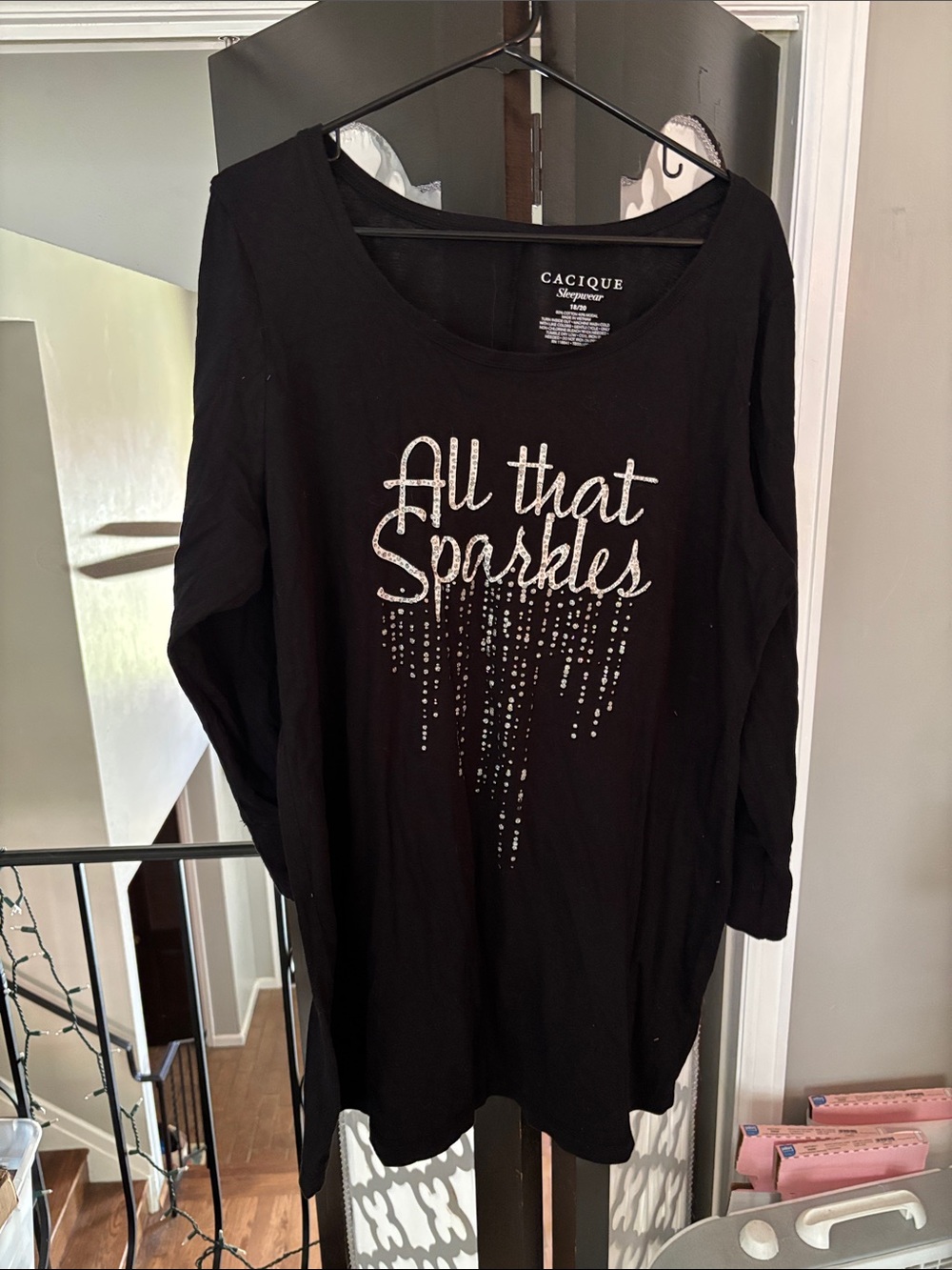 Cacique Black Long Sleeve Tee with Silver Rhinestone 'All That Sparkles'